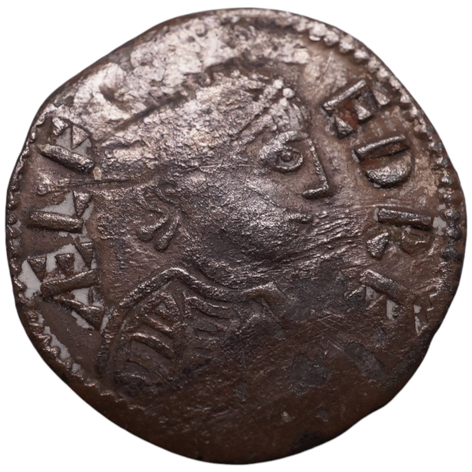 British Hammered coins, Kings of Wessex, Alfred the Great, Halfpenny, Phase III [BMC –], London Monogram type, ælf red, diademed bust left wearing decorated tunic, rev. londonia monogram, trefoil of pellets above and bel